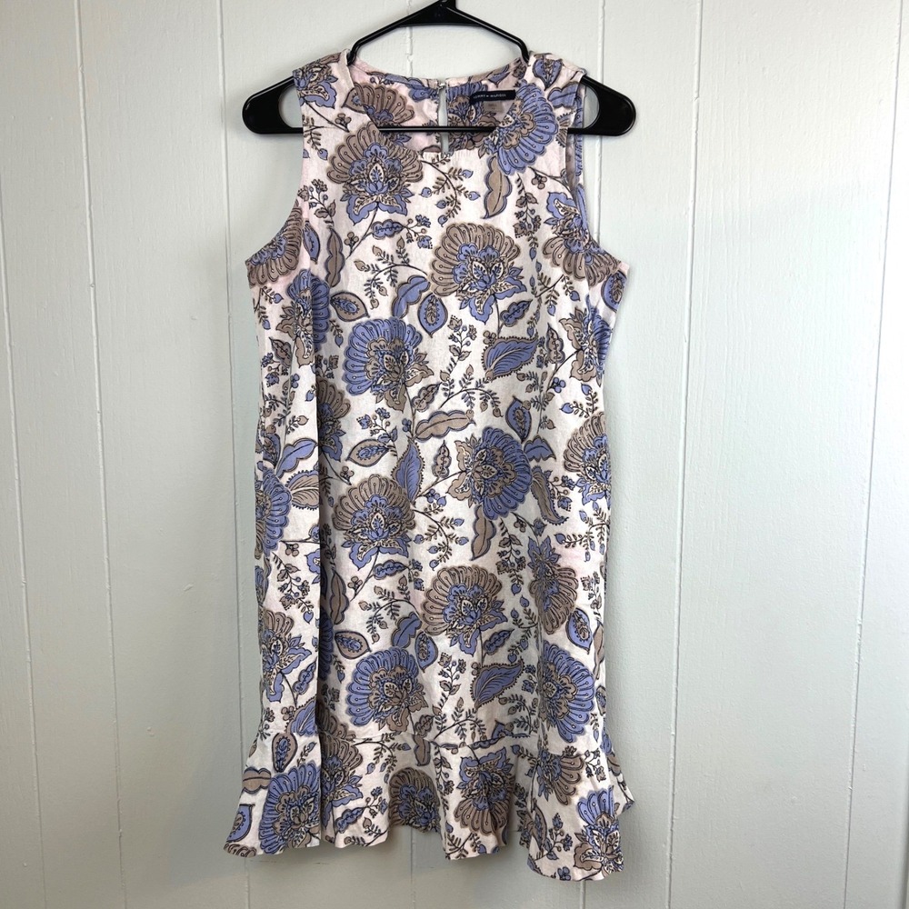Tommy Hilfiger Shift Dress Womens 10 Blue Linen Blend Floral‎ Ruffle Sleeveless